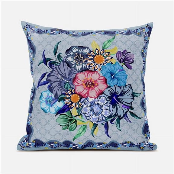 18 x 18 in. Blown Seam Broad Cloth Floral Throw Pillow, Blue, Pink & Gray