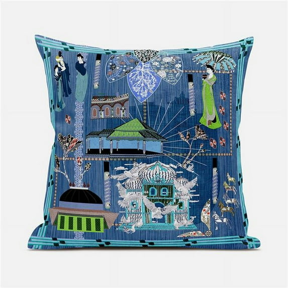 18 x 18 in. City Palace Broadcloth Indoor & Outdoor Zippered Pillow - Blue, Green & Brown