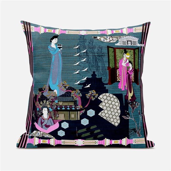 18 x 18 in. Empress Hall Suede Zippered Pillow with Insert - Turquoise, Grey & Pink