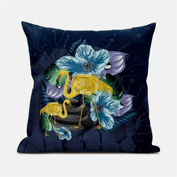 18 x 18 in. Flamingo with Flower Suede Zippered Pillow with Insert - Blue & Yellow