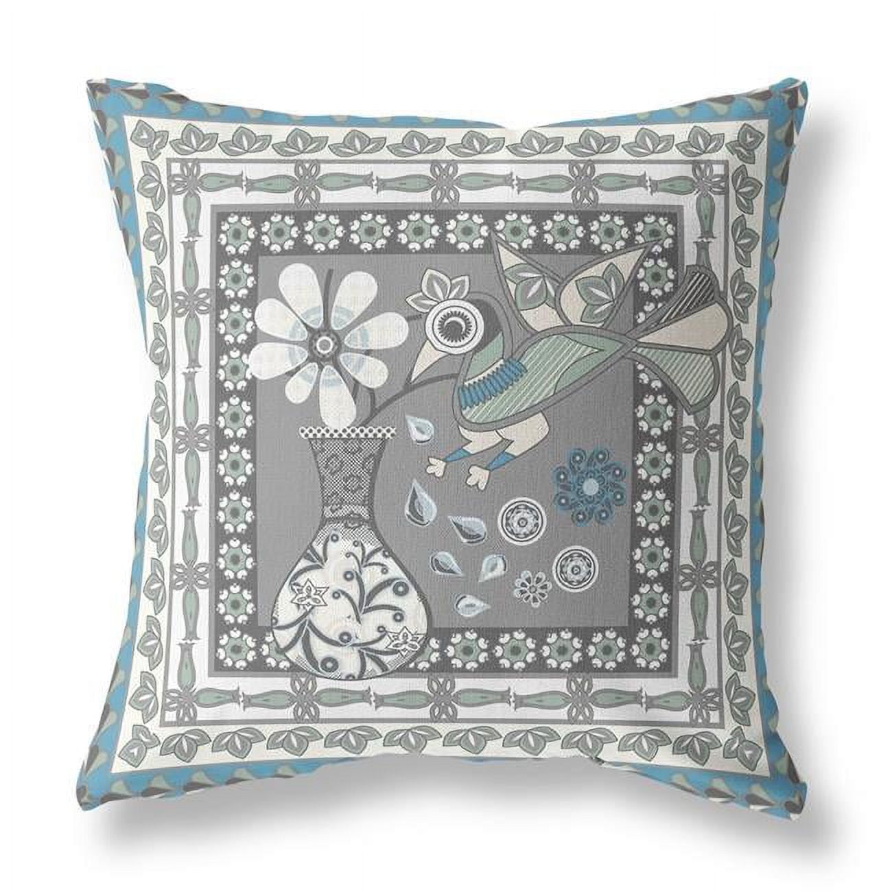 18 x 18 in. Grey & White Peacock Blown Seam Floral Indoor & Outdoor