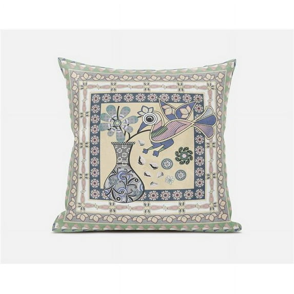 18 x 18 in. Love Your Vase Peacock Broadcloth Indoor & Outdoor Zippered Pillow - Beige, Pink & Green