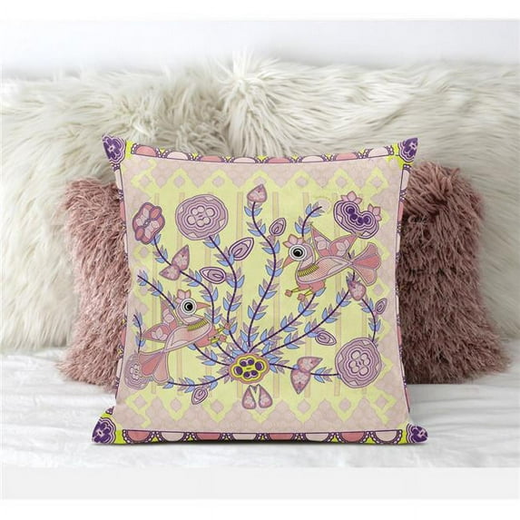 18 x 18 in. Pond Peacock Suede Blown & Closed Pillow - Yellow, Peach & Muted Pink