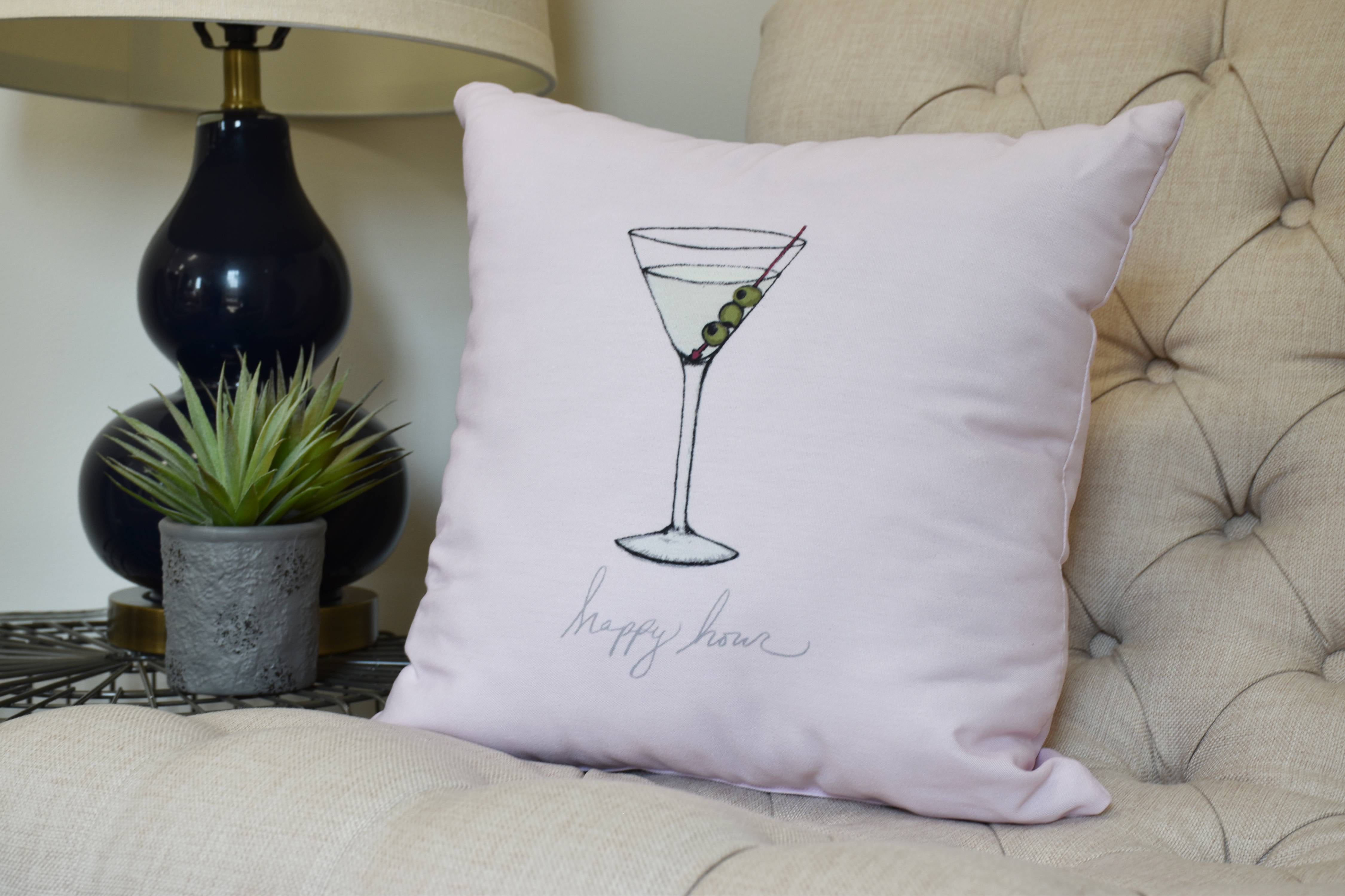 18 x 18 inch, Martini Glass Happy Hour Geometric Print Pillow, Pink