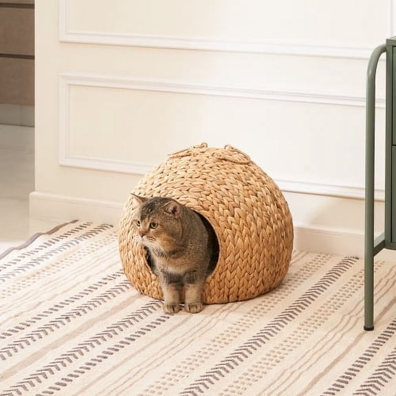 18" x 18" x 18"Cat Bed Cave with Handles - Water Hyacinth Woven Wicker Round - For Any Size Cat Breeds, Chihuahua and Use with Cat Tower