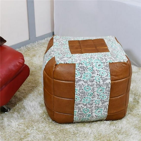 18 x 18 x 18 in. Contemporary Handmade Canvas Leather Square Pouf, Green Brown