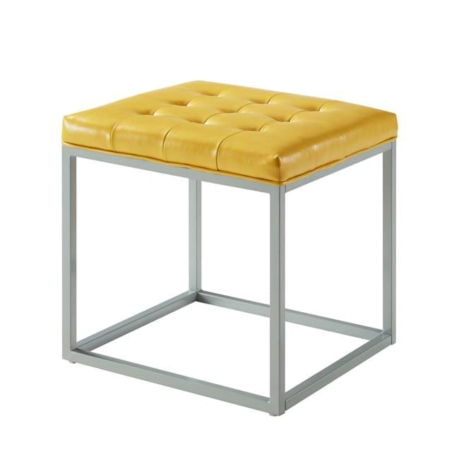 Contemporary Yellow PU Leather Tufted Ottoman with Silvertone Frame