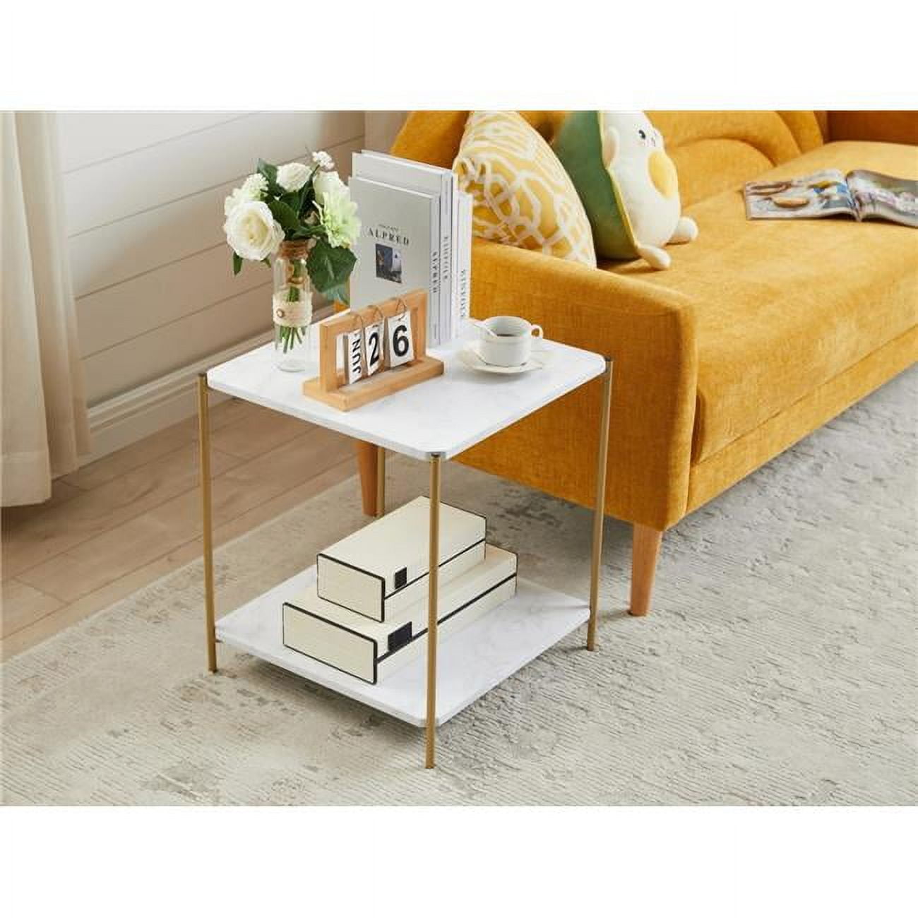 Gold and White Faux Marble Square End Table with Shelf
