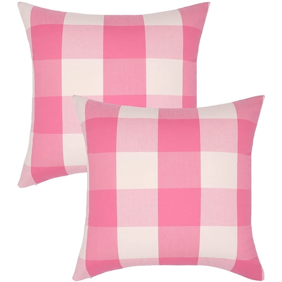 18 x 18In Farmhouse Outdoor Decorative Square Throw Pillow Covers Pink and White Buffalo Check Plaid Cushion Cases Pack of 2