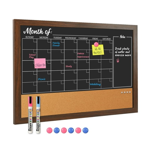 18" x 24" Chalkboard Calendar Corkboard Combo Bulletin Board Magnetic Calendar Chalkboard for Wall Combination Board Monthly Planner Blackboard Rustic Brown Frame with 2 Markers 6 Magnets 4 Pushpins