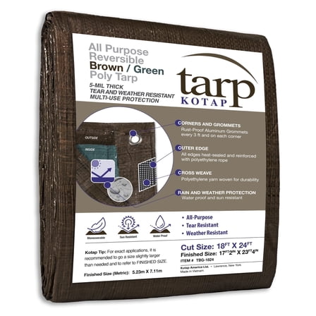 KOTAP 18 x 24 Ft. All-Purpose Protection/Coverage 5-mil Poly Tarp, Reversible, Waterproof, Brown/Green, TBG-1824