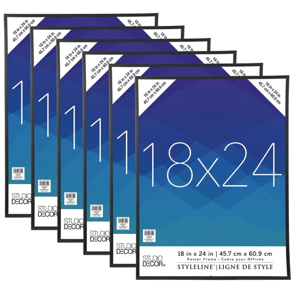 Studio Decor 18" x 24" Plastic Poster Frame Styleline - Includes Hanging Hardware, Horizontal or Vertical Display - Black, Bulk 6 Pack