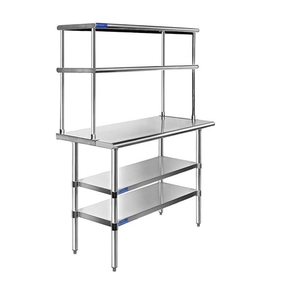 18" x 24" Stainless Steel Work Table With 2 Shelves | 12" Wide Double Tier Overshelf | Metal Kitchen Prep Table & Shelving Combo