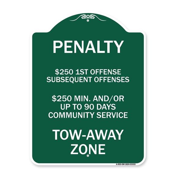 18 x 24 in. Designer Series Sign - Penalty Dollar 250 1st Offense Subsequent Offenses Dollar 250 Min. & or Up to 90 Days Community Service Tow-Away Zone, Green & White