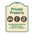thumbnail image 1 of 18 x 24 in. Designer Series Sign - Private Property Unauthorized Vehicles Towed No Cars No Solicitors No Turn Around Symbols, Tan & Green, 1 of 1