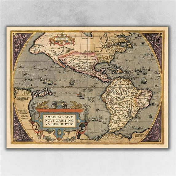 18 x 24 in. Vintage 1598 Map of the Americas Multi Color Wall Art