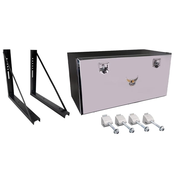 18" x 24" x 48" Black Steel Underbody Tool Box Kit - Flatbed Trailer Side Mount Storage Box with Welded Mounting Brackets & 4-Pack Universal J-Hook Toolbox Clamps, Mirror Finish Door