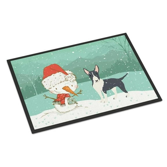 18 x 27 in. Black Bull Terrier Snowman Christmas Indoor or Outdoor Mat
