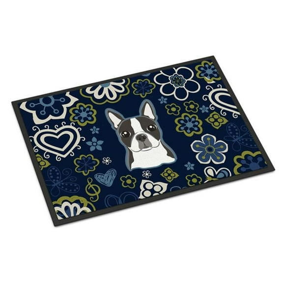 18 x 27 in. Blue Flowers Boston Terrier Indoor or Outdoor Mat