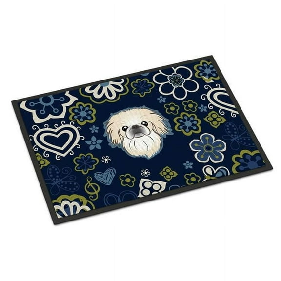 18 x 27 in. Blue Flowers Pekingese Indoor or Outdoor Mat