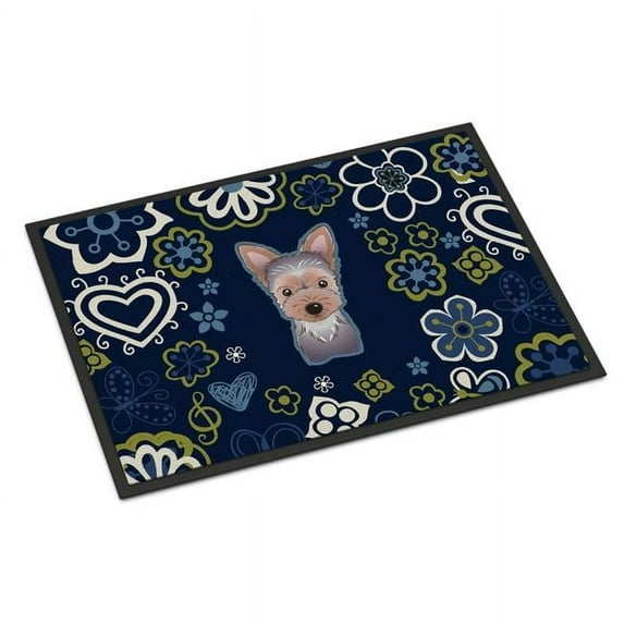 18 x 27 in. Blue Flowers Yorkie Puppy Indoor or Outdoor Mat