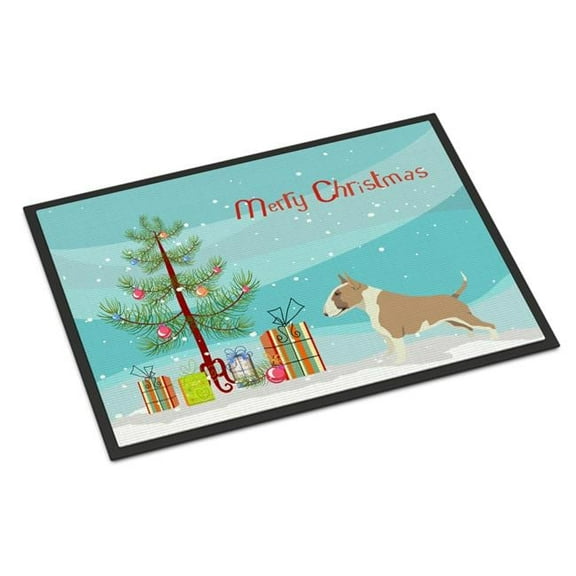18 x 27 in. Fawn & White Bull Terrier Christmas Tree Indoor or Outdoor Mat