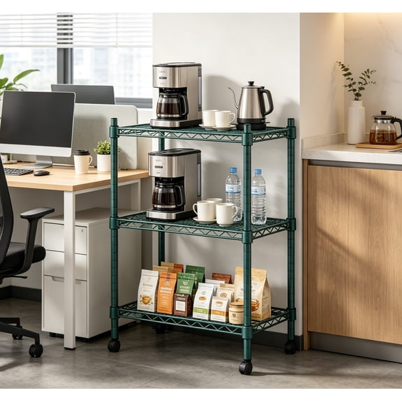 18" x 30" Green Epoxy 3-Shelf Kit with 34" Posts, Commercial Storage Rack Unit, Heavy-Duty Adjustable Wire Shelving for Restaurant, Retail, and Warehouse Storage, 1,800 lb Capacity