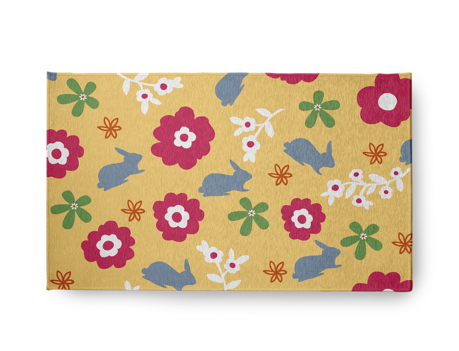 18" x 30" Simply Daisy Flowery Love with Bunnies Traditional Chenille Area Rug, Daffodil Yellow-Blue