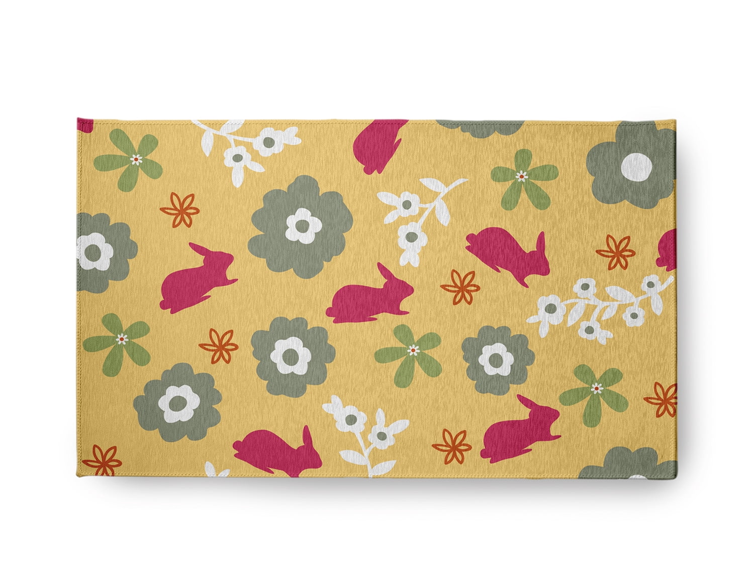 18" x 30" Simply Daisy Flowery Love with Bunnies Traditional Chenille Area Rug, Daffodil Yellow-Pink