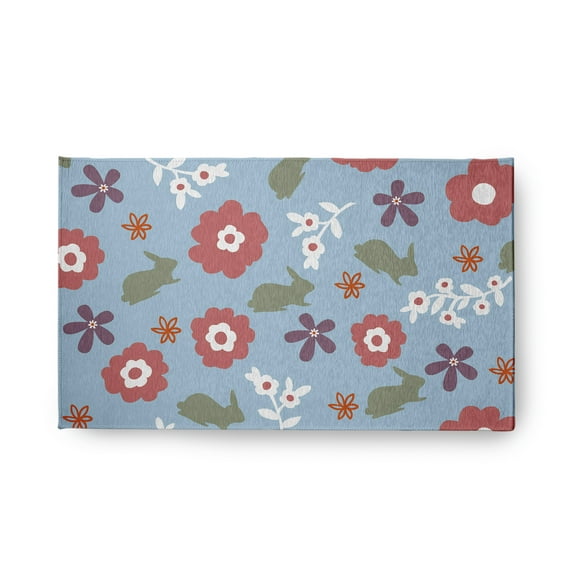 18" x 30" Simply Daisy Flowery Love with Bunnies Traditional Chenille Area Rug, Lighter than Air Blue