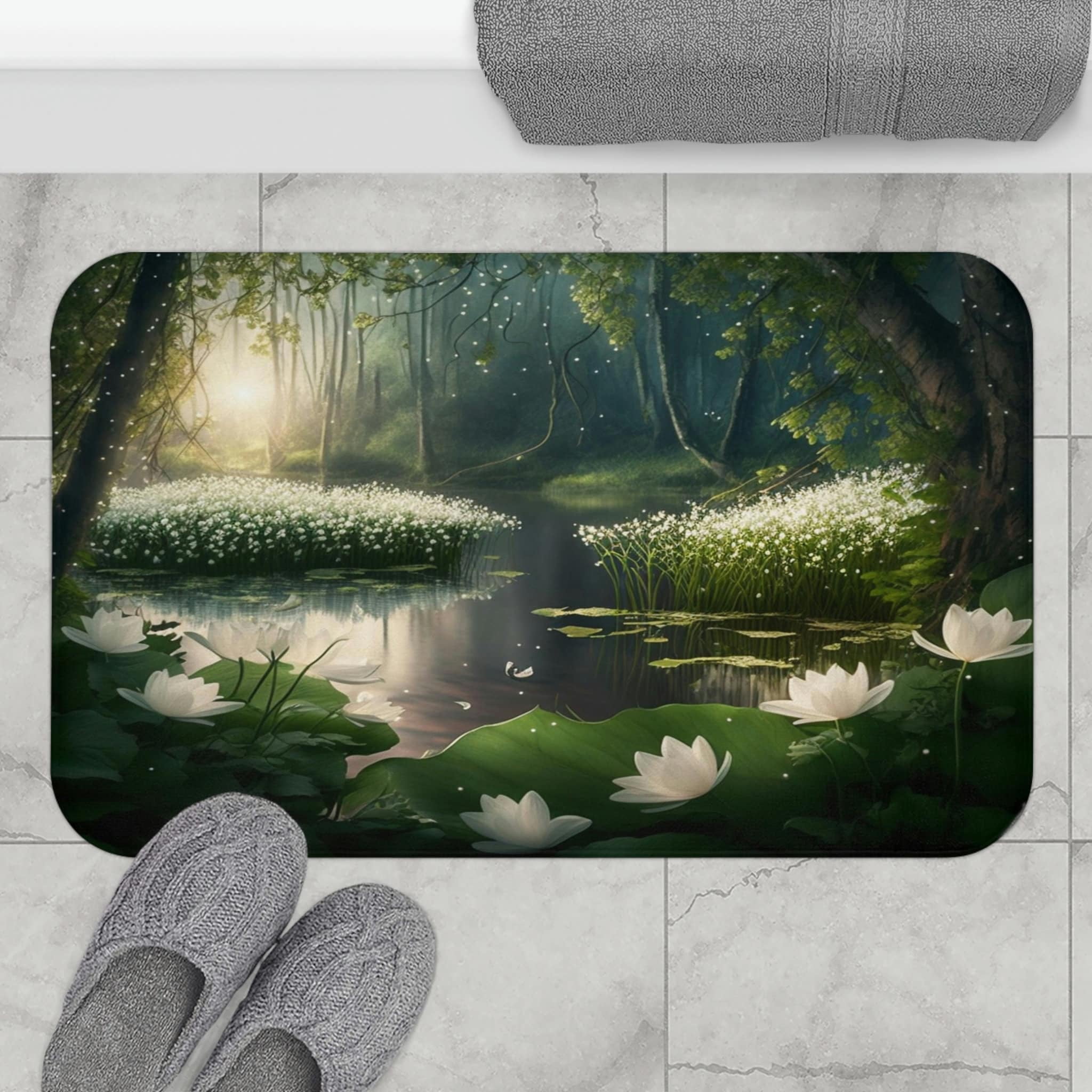18" x 30" Woodland Bath Mat Rug Fantasy Green Forest Fairy Tale Lake ...