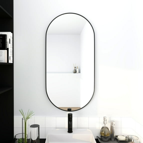 18 x 35 Inch Oval Mirror Black Aluminum Frame, Modern Wall Mounted Mirror with Black Aluminum Frame, Vanity Mirror for Entryway, Bedroom, and Bathroom