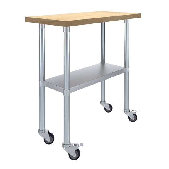 18" x 36" Maple Wood Top Work Table with Adjustable Undershelf and Wheels