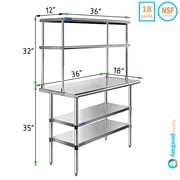 18" x 36" Stainless Steel Work Table With 2 Shelves | 12" Wide Double Tier Overshelf | Metal Kitchen Prep Table & Shelving Combo