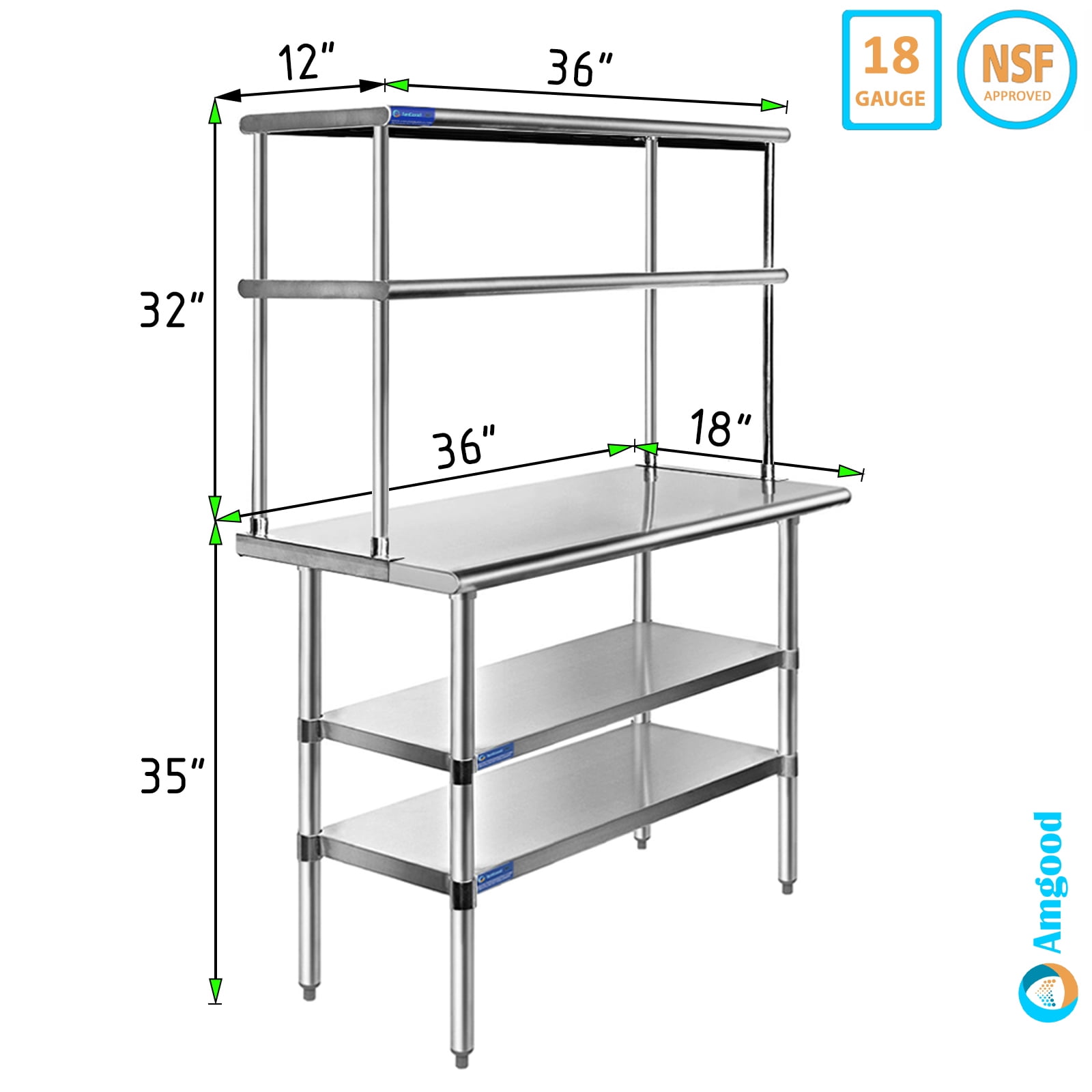 Stainless Steel Work Table with Double Tier Overshelf