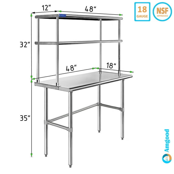 18" x 48" Stainless Steel Open Base Table With 12" Wide Double Tier Overshelf | Metal Kitchen Prep Table & Shelving Combo