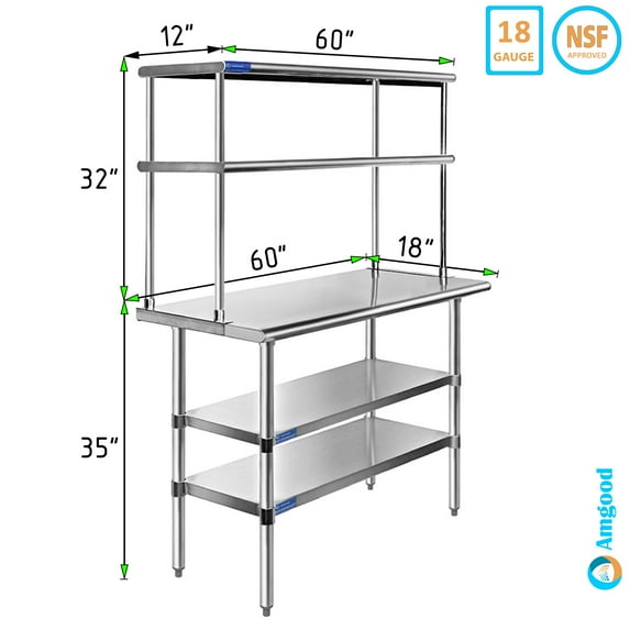 18" x 60" Stainless Steel Work Table With Two Shelves | 12" Wide Double Tier Overshelf | Metal Kitchen Prep Table & Shelving Combo