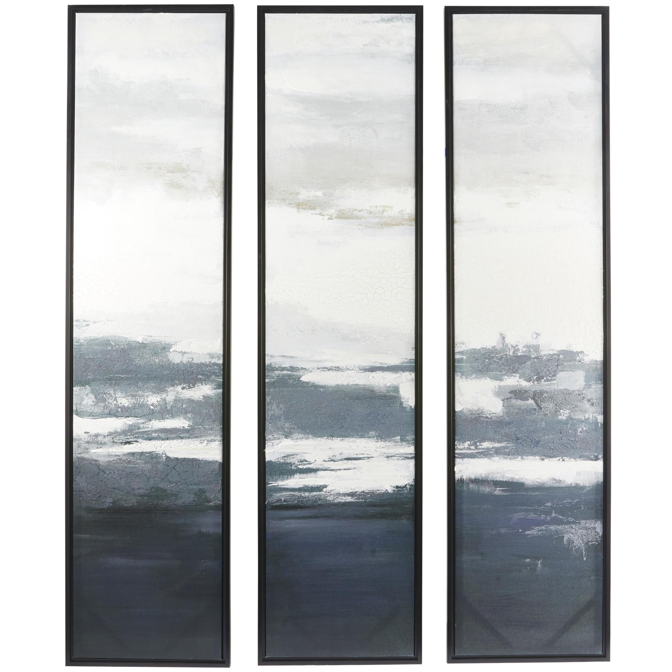 18" x 71" Abstract Textured Panel Ocean Landscape Framed Wall Art with Black Frames, by DecMode (3 Count)