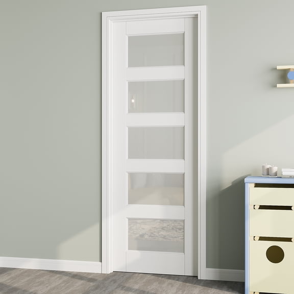 18" x 80" 5 Panel Frosted Glass Interior Door Slab, Solid Core Door Panel as Barn Door, Pocket Door, French Door, Prehung Door - as Panty Door, Closet Door, Pre-finished & Paintable, White