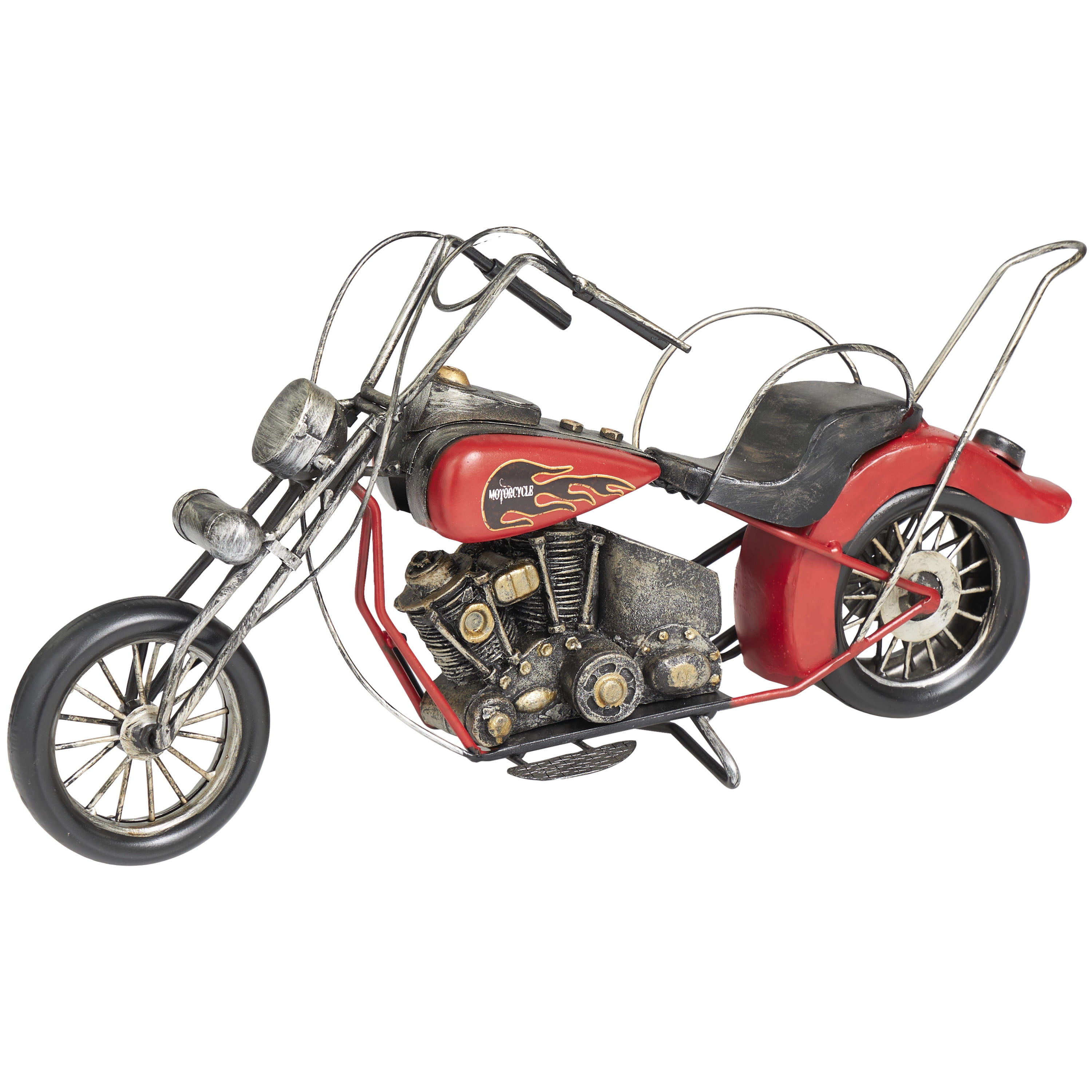 18" x 9" Red Metal Handmade Vintage Style Motorcycle Sculpture with Flames on the Gas Tank, by DecMode