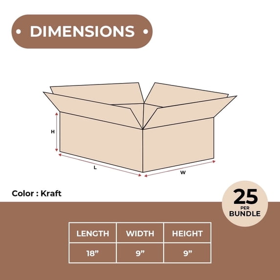 SSBM 18" x 9" x 9" Kraft ECT-32 Single Wall Corrugated Long Boxes Shipping Packing 25/BUNDLE