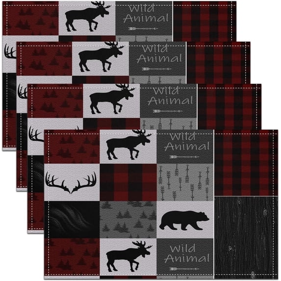 18"x12" Bear Print Placemats Set of 4 Girls Wild Animal Table Place Mats, Rustic Cabin Country Placemat for Kitchen Dining Table Decor Indoor Outdoor Red Grey