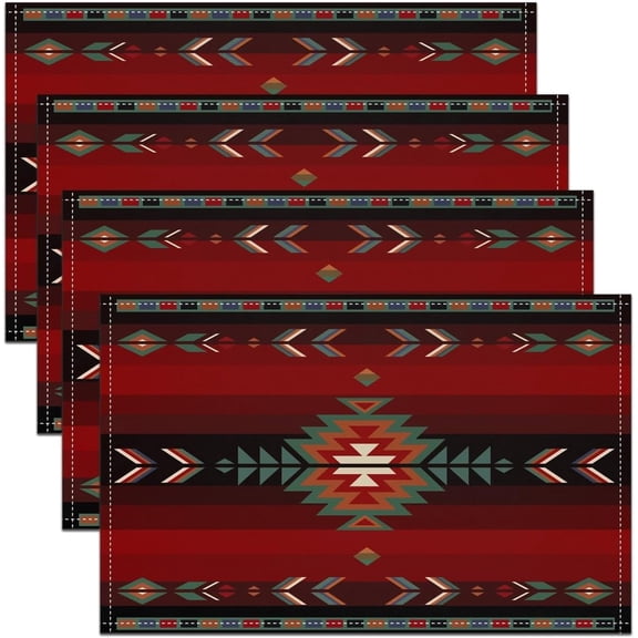 18"x12" Southwest Native Design Placemats Set of 4 Girls Southwestern Geometric Table Place Mats,Tribal Placemat for Kitchen Dining Table Decor Indoor Outdoor Red Green