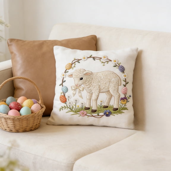 18"x18" Easter Throw Pillow Cover – Short Lint Embroidered Decorative Cushion Case with Cute Bunny & Egg Print for Sofa, Bed, Living Room