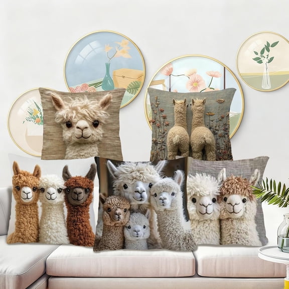 18"x18" Flower Llamas Printing Throw Pillows Cover, Cute Animals Pillowcase Short-Pile Square Couch Cover, Modern Farmhouse Soft Cushion Cover for Farmhouse Indoor Home Couch Decoratione