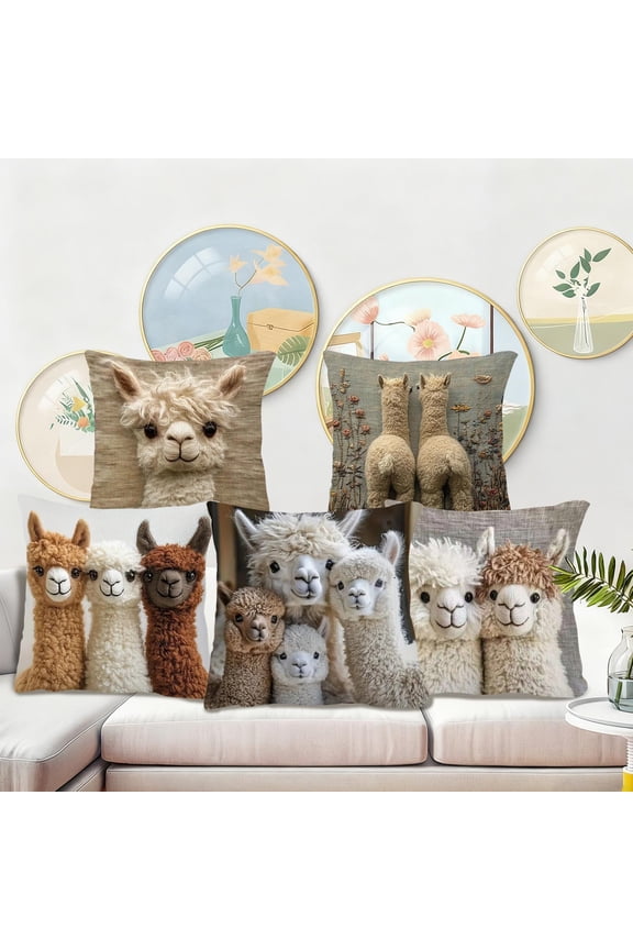 18"x18" Flower Llamas Printing Throw Pillows Cover, Cute Animals Pillowcase Short-Pile Square Couch Cover, Modern Farmhouse Soft Cushion Cover for Farmhouse Indoor Home Couch Decoratione