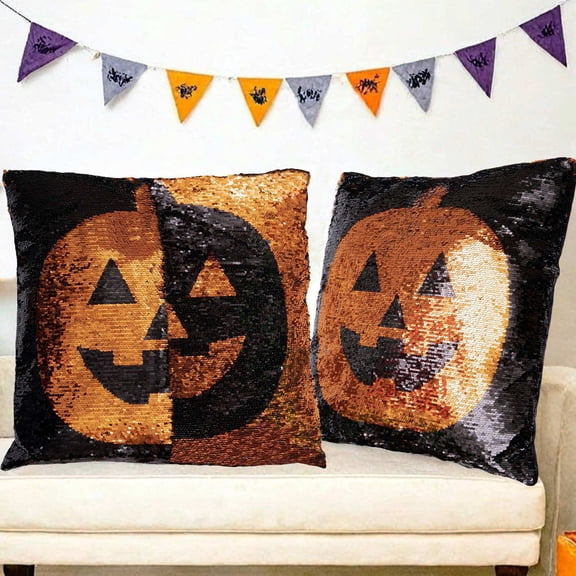 18"x18" Halloween Sequin Throw Pillow Covers Pumpkin Pattern Reversible Flip Sequins Square Cushion Cases