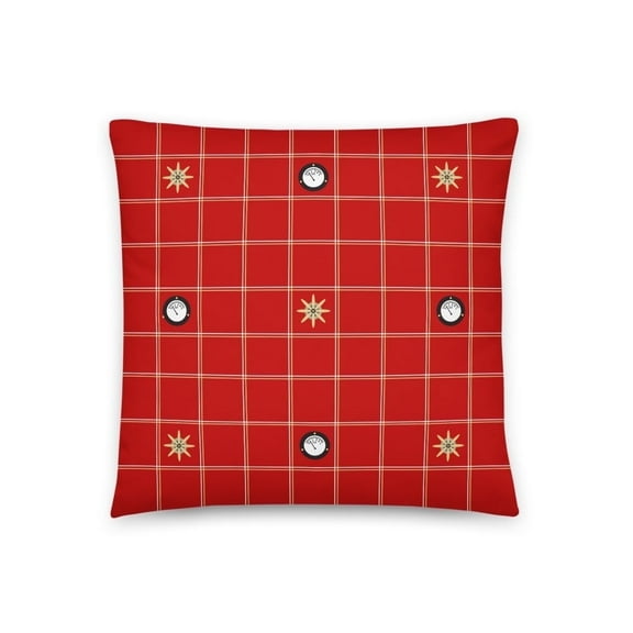 18"x18" Sky-bound Pillow with Biplane Propeller & Gauge Design on Red, White, & Gold Checked Background
