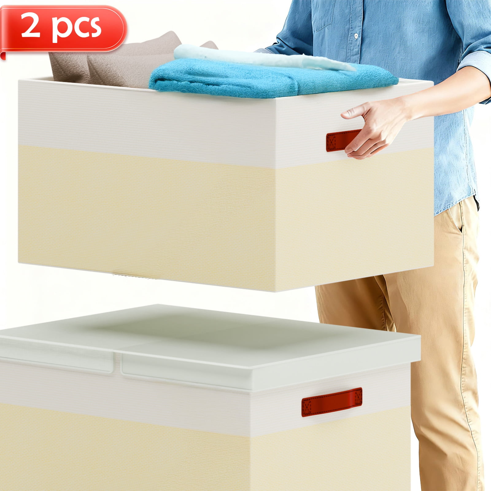 Storage Bins with Lids, 2 Pack Extra Large Blanket Storage Baskets with Lids, Closet Organizers Bins for Living Room, Nursery, Beige and White