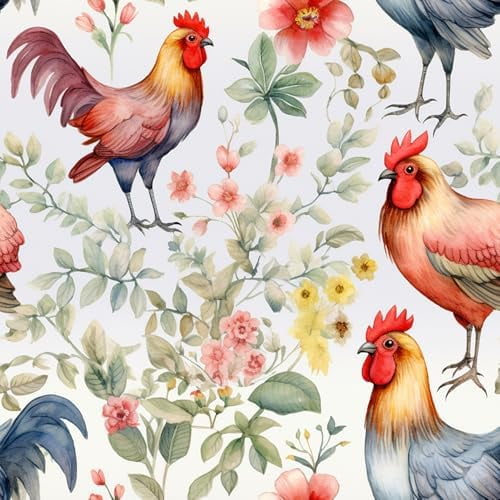 18"x236" Boho Watercolor Rooster Chicken Floral Peel and Stick Self Adhesive Wallpaper Removable Contact Paper Stick on Easy Peel Off Wall Paper for Kitchen Bedroom Bathroom Renter